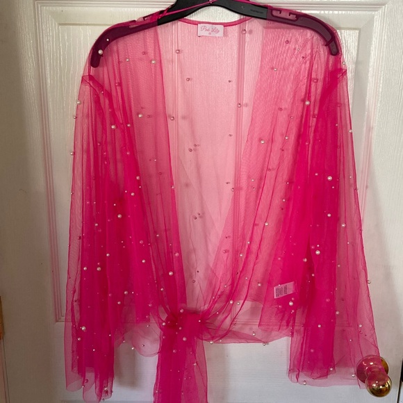 Pink Lily Accessories - Pink Lily Hot Pink Sheer Cover-Up with Faux Pearls